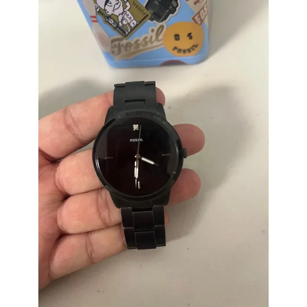 Fossil FS5455 Minimalist All Black Stainless Steel Diamond Accent Men Watch